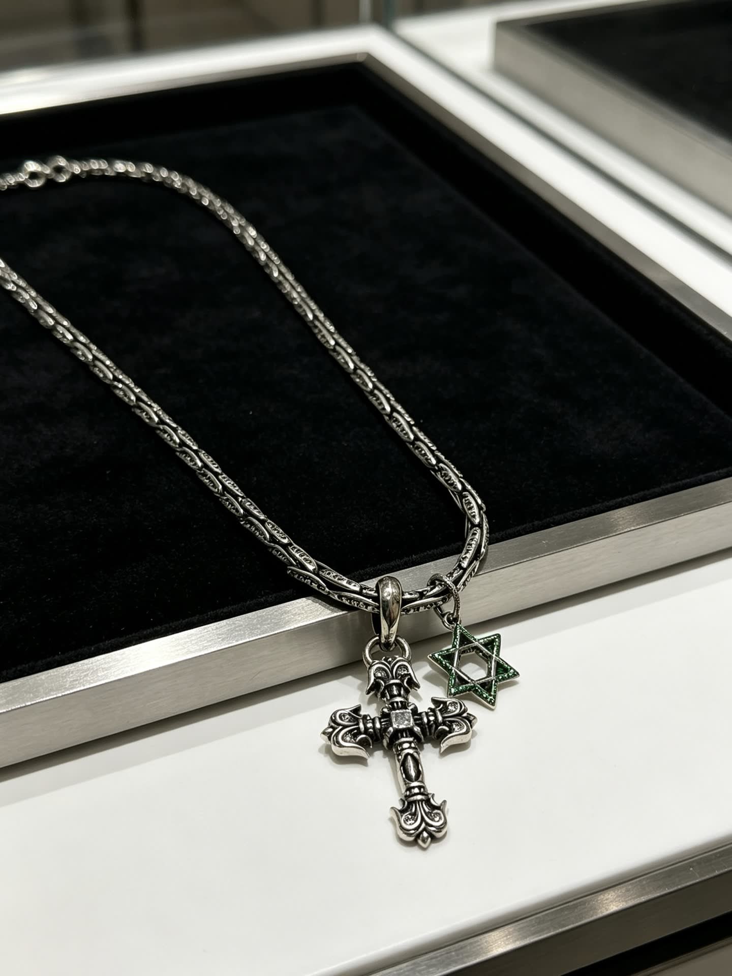 Chrome Hearts Silver Cross and Star of David Pendant Necklace